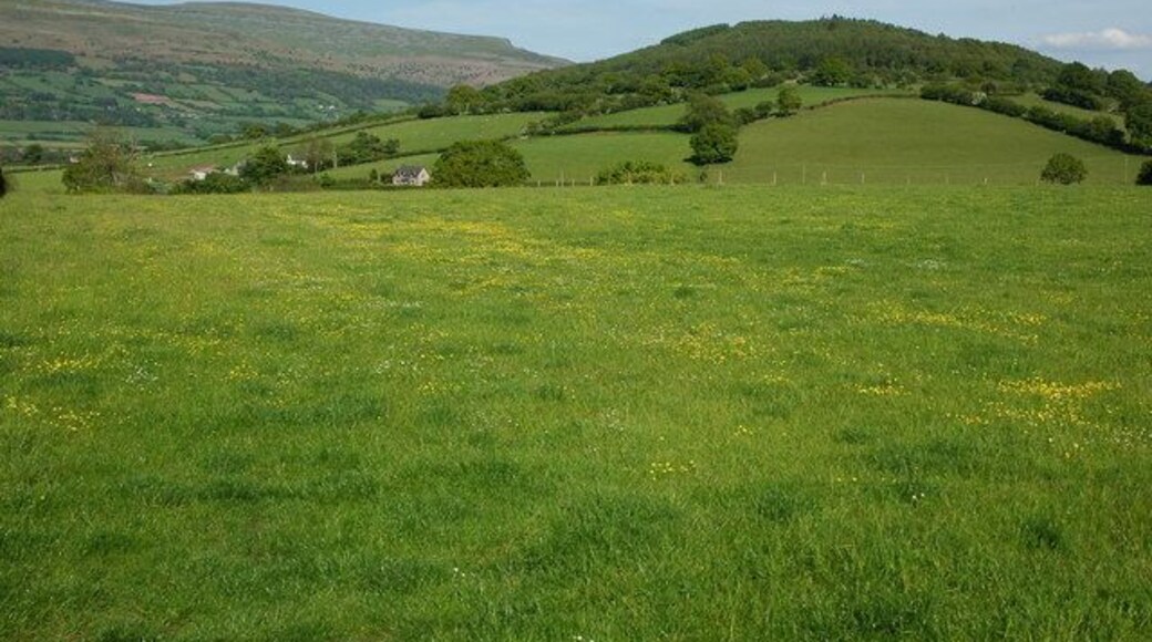 View to the east from Bwlch The wooded hill on the right is Myarth, on the horizon is the 701m Pen Cerrig-calch on the western side of the Black Mountains range.