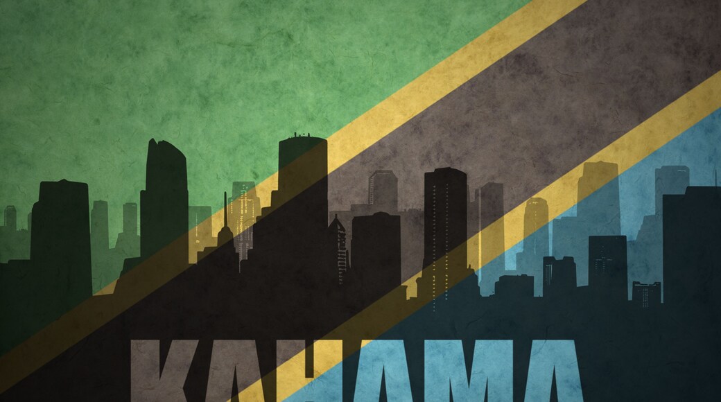 abstract silhouette of the city with text Kahama at the vintage tanzanian flag