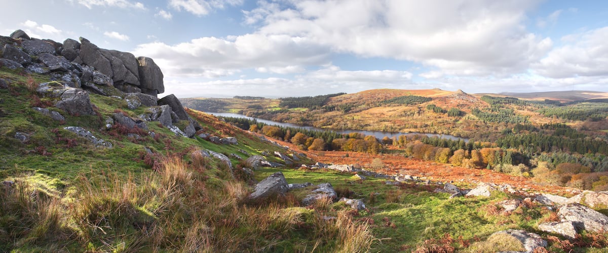 Panoramic view from Sheepstor over Burrator reservoir Dartmoor Devon uk