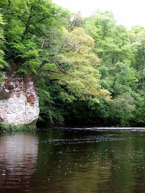 The Priest's Wheel. This is a well known pool on the River Ayr. The water is 21' (feet) deep just off the cliff.