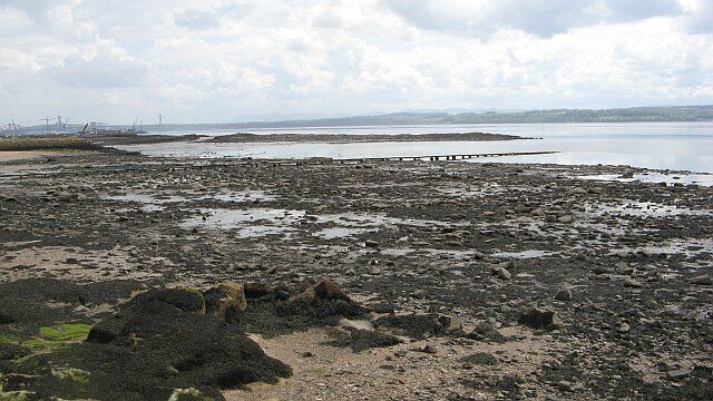 Beach, Bruce Haven Low water off Limekilns with a view to the Pentland Hills.