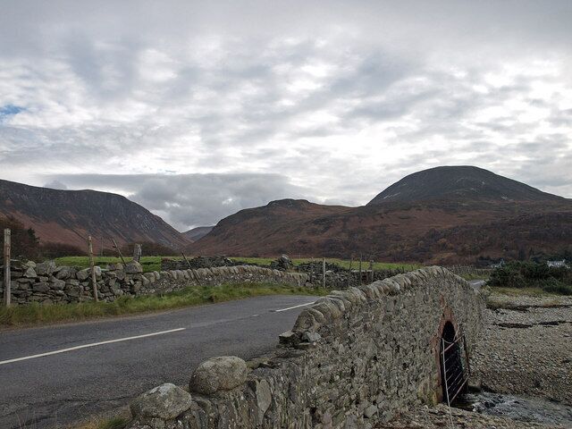 Road Bridge, Catacol Beinn Bhreac above the houses at Fairhaven (on the right of frame). Looking towards Glen Catacol.