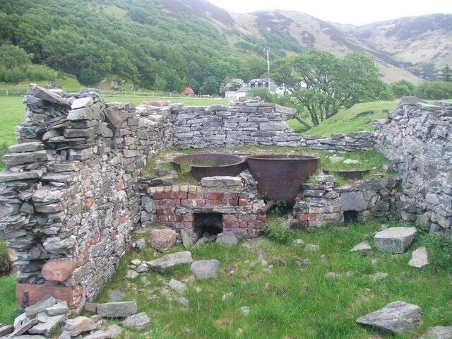 Barking house. The vats were used to preserve fishing nets by immersing them in a heated solution of tree back extract. Near Catacol.