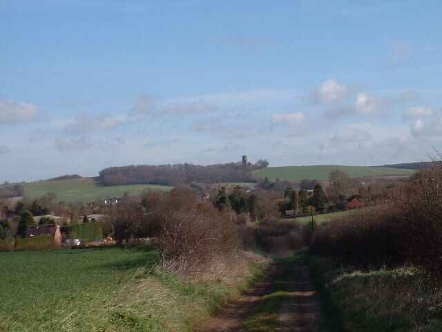 Icknield way path leading to Linton. Linton water tower on the horizon at about 110m.