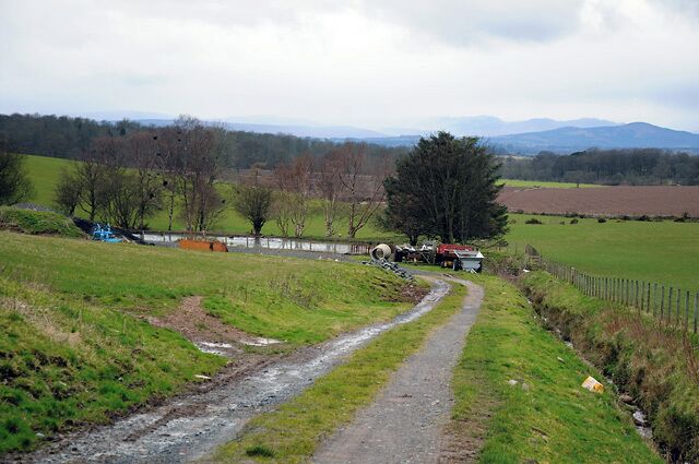 A rural landscape with a muddy path, fields, a large tree, and distant mountains.