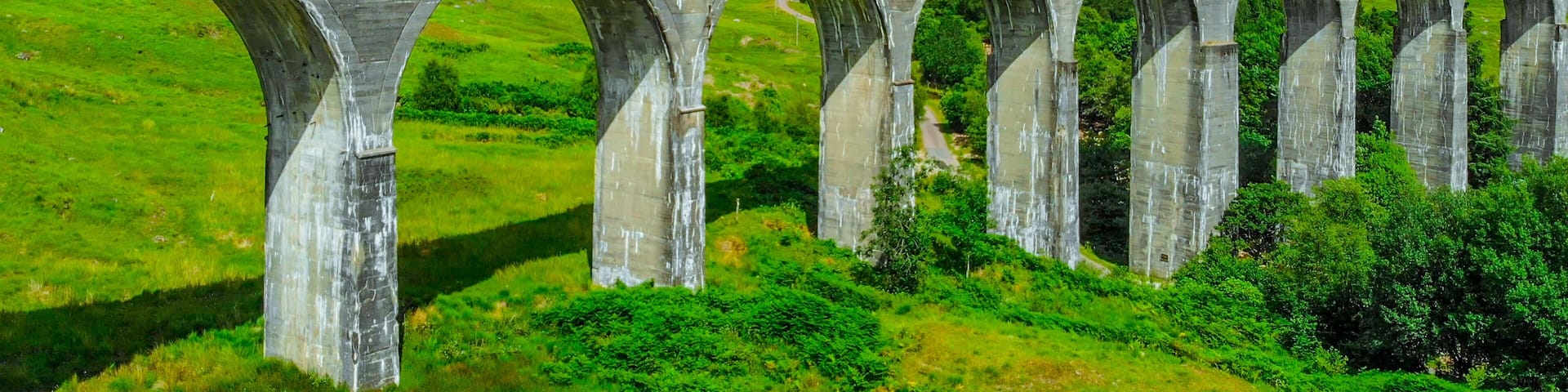 Aerial view over the famous Glenfinnan viaduct in the highlands of Scotland