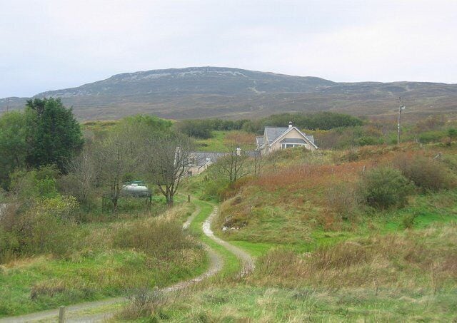 Heaste. Crofting township on a strip of limestone. Looking west to Beinn nan Carn.