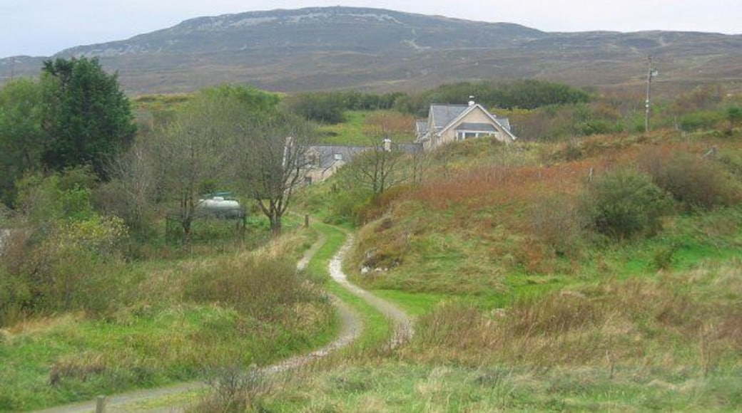 Heaste. Crofting township on a strip of limestone. Looking west to Beinn nan Carn.