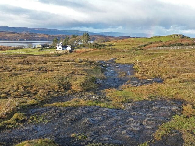 Track to Kingsburgh Looking along the line of the old track towards the settlement of Kingsburgh.