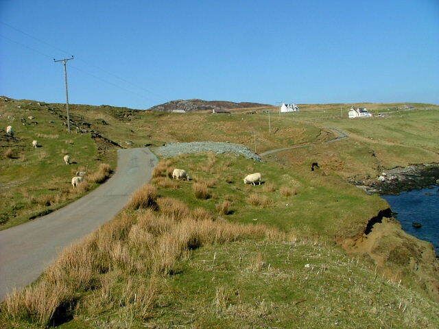Uma estrada rural com ovelhas pastando, um pequeno corpo d'água e edifícios brancos ao longe.