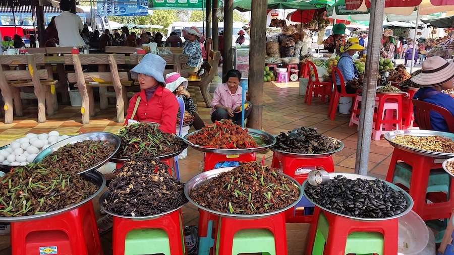 Busy market town north of Phom Phen. In province of Kampong Cham. Here you can buy and eat fried spiders, beetles, centipedes and more if you're the adventurous eater! #southeastasia #cambodia #markets #lifeisnow