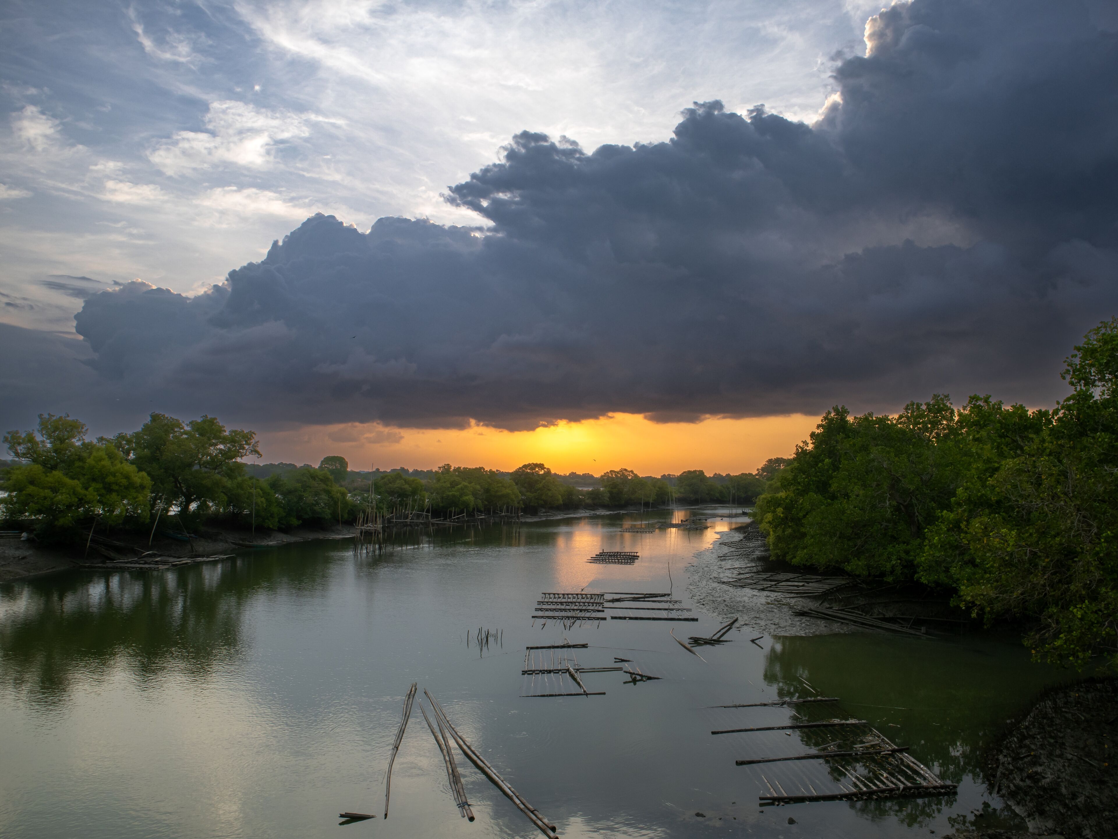 A river with wooden structures and dense foliage under a cloudy sky.