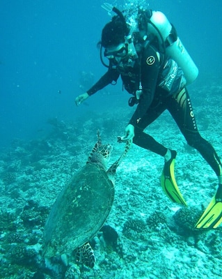 Rupa feeding a turtle some coral while diving the Tiputa Pass in Rangiroa.  There are only a couple of dive sites in Rangiroa, but every day is a unique experience.  Today we saw a turtle, a few dolphins, and a couple dozen white-tipped reef sharks.
Hats off to friendly folks at TOPDIVE, who did a great job getting us back into diving and making sure we were comfortable in the water.