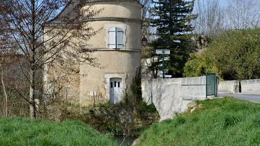 Former dovecote tower near the Pont des Rices; Blanzac, Charente, France.