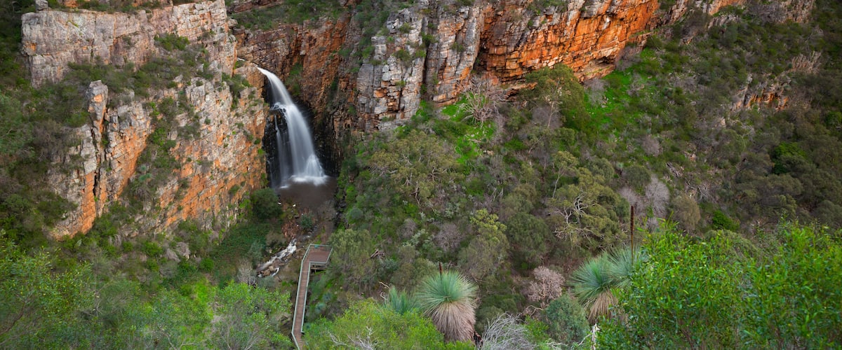 A waterfall cascading down a rocky cliff surrounded by dense green vegetation.