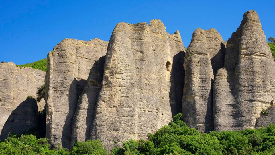 A landscape of tall, narrow rock formations with green vegetation at the base.
