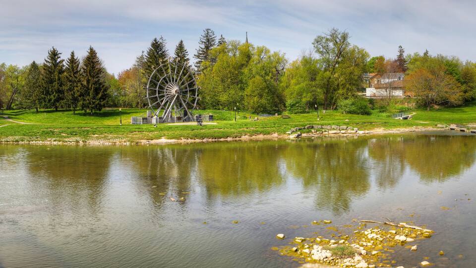 Panorama of a large waterwheel in New Hamburg, Ontario, Canada