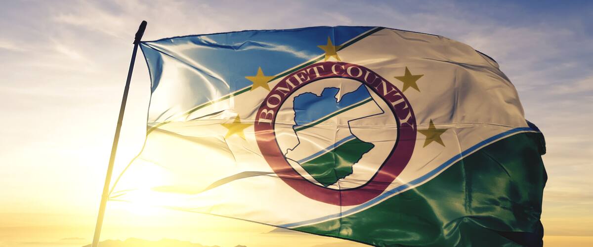 A flag with a state outline and stars, waving in the wind.