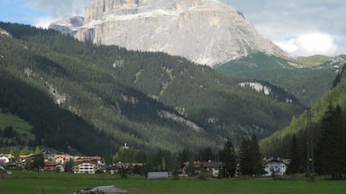 A mountain with a prominent peak, surrounded by dense forests and a small village at its base.