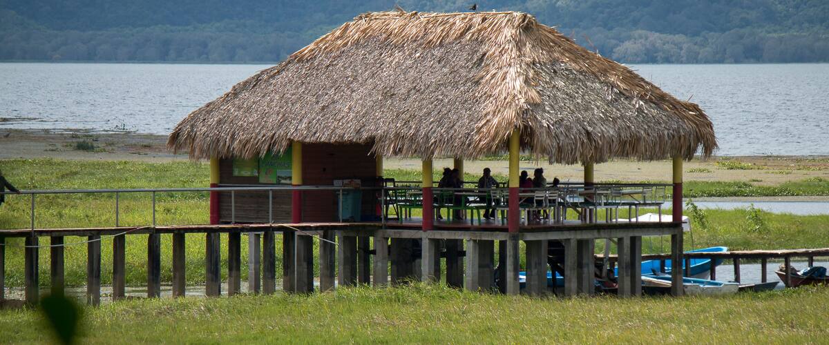 A thatched-roof hut with a wooden deck, surrounded by a grassy area and a body of water.