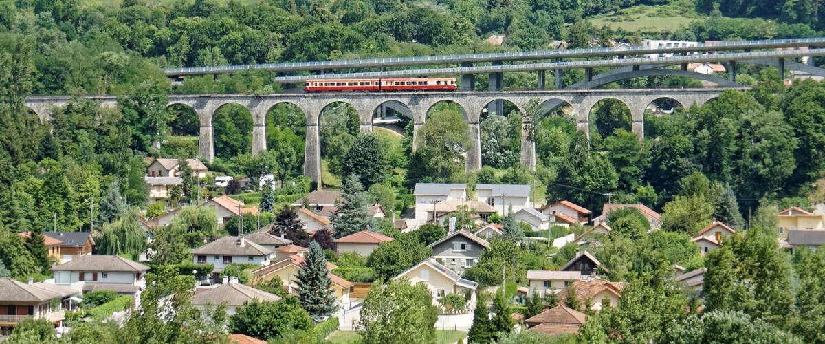 A red train crossing a stone bridge over a residential area with houses and greenery.