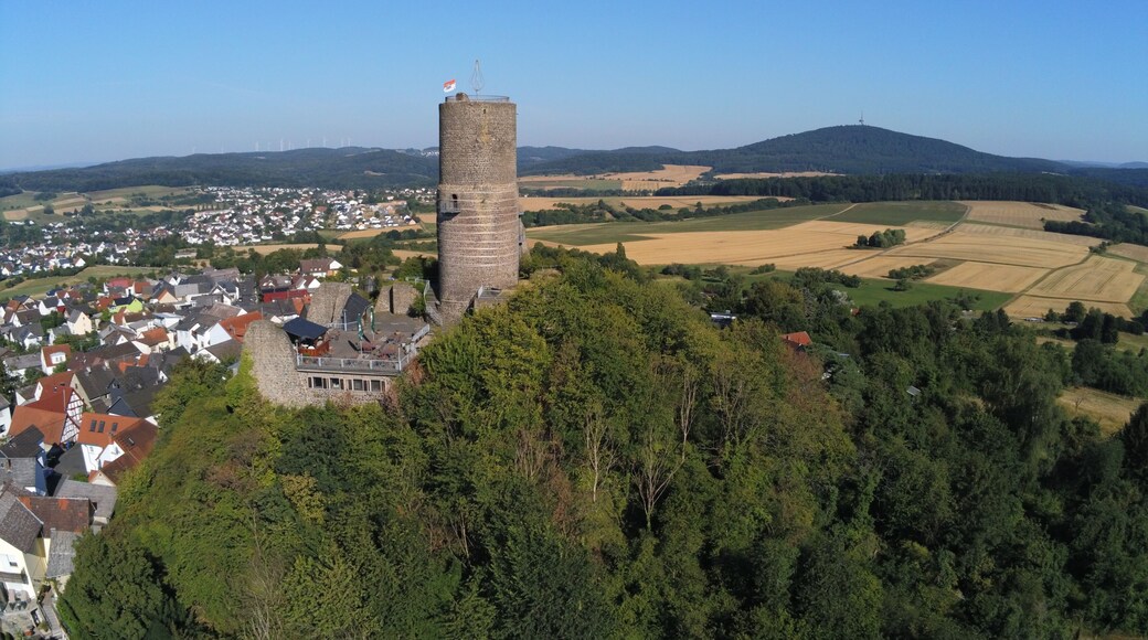 Burg Vetzberg gesehen von Osten mit Dünsberg rechts im Hintergrund.