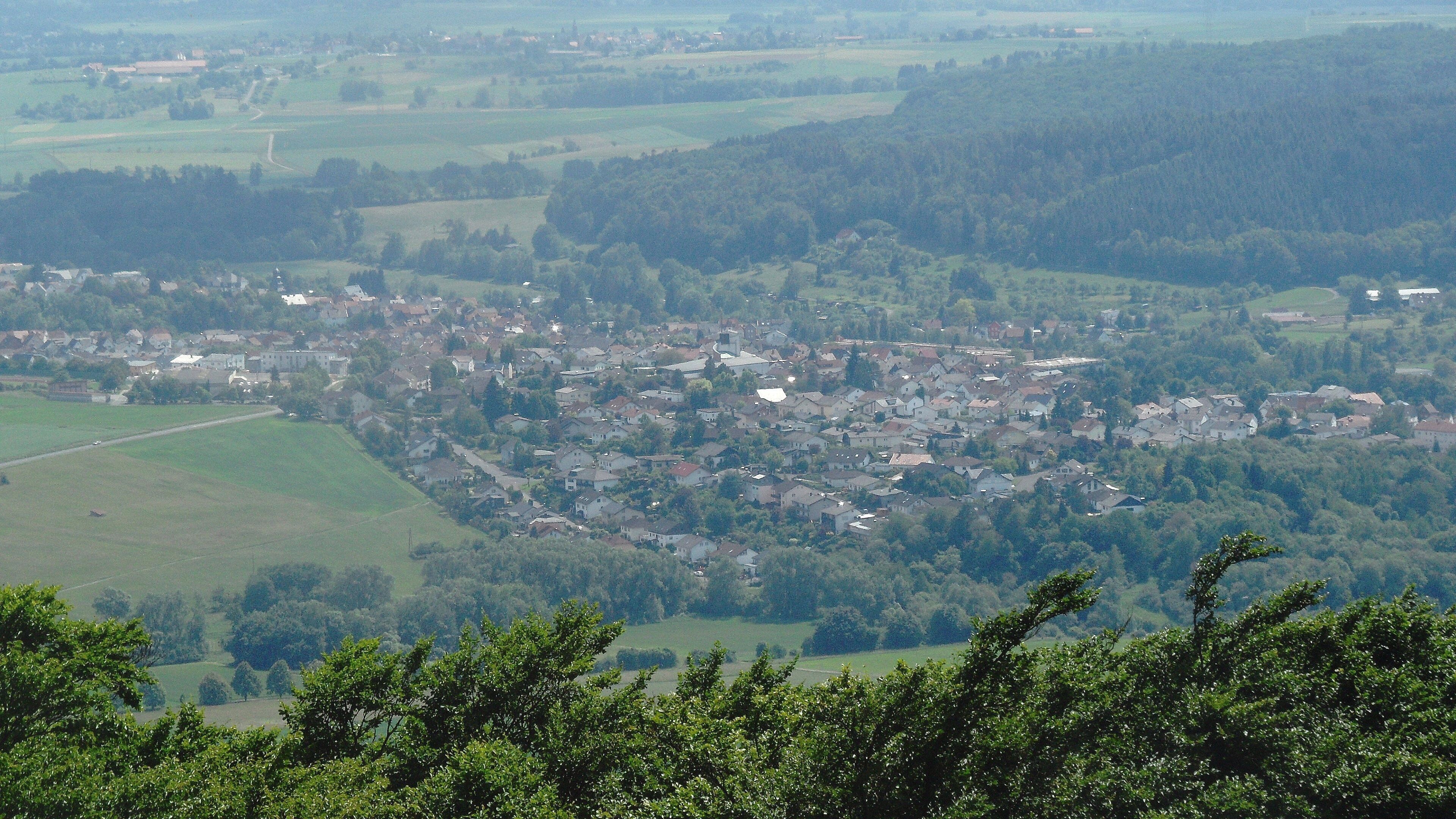 A town nestled in a valley surrounded by hills and forests.