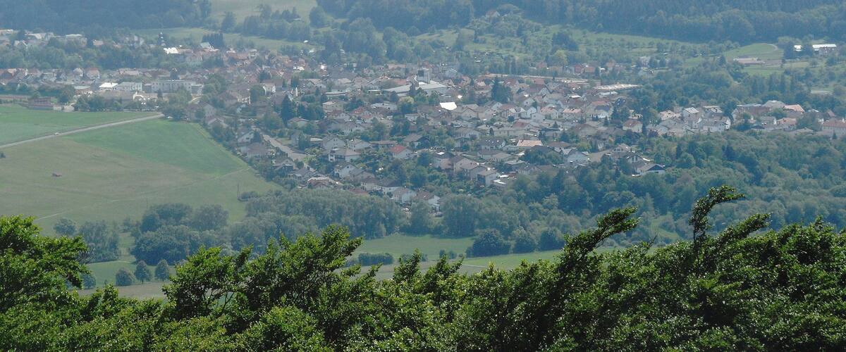 A town nestled in a valley surrounded by hills and forests.