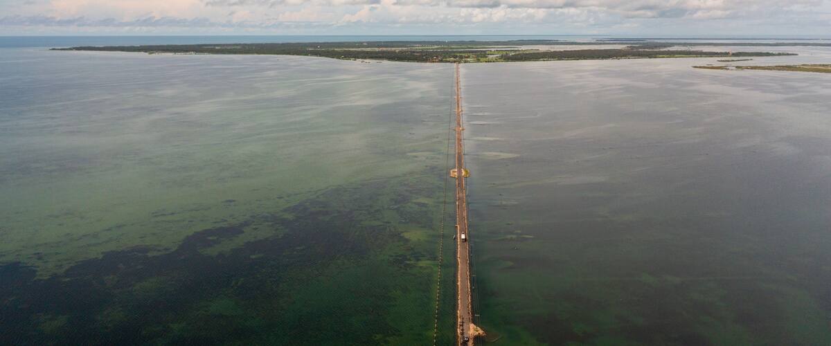 Aerial view of road and bridges between the islands. Sri Lanka.Jaffna.
