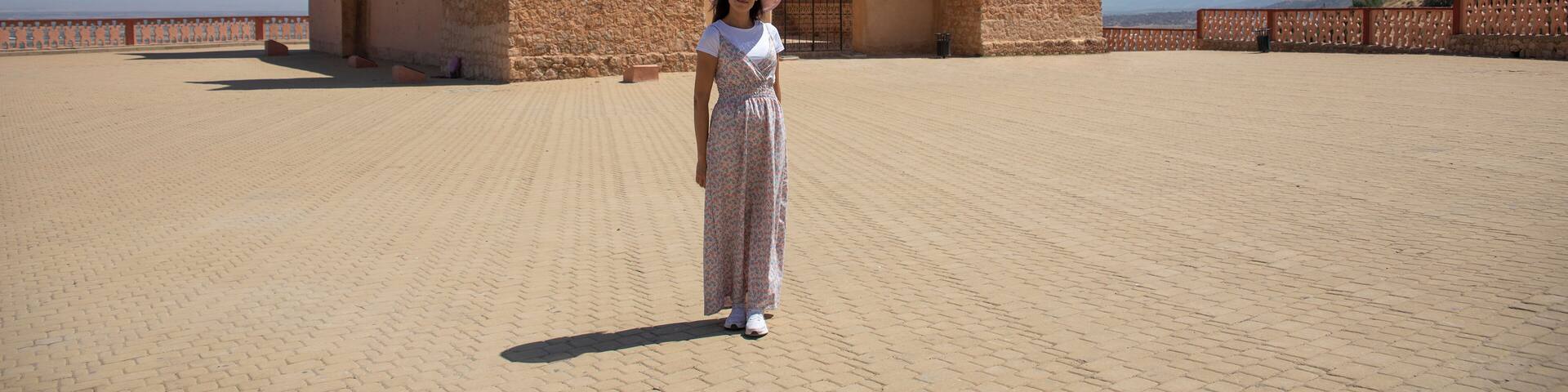 Tourist in the Kasbah of Beni Mellal which is a Berber castle and historical monument in the city of Beni Mellal, Morocco. This fortress is in the Tadla plain in the Middle Atlas.