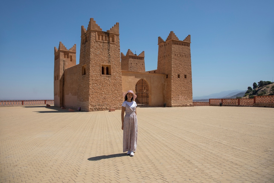 Tourist in the Kasbah of Beni Mellal which is a Berber castle and historical monument in the city of Beni Mellal, Morocco. This fortress is in the Tadla plain in the Middle Atlas.