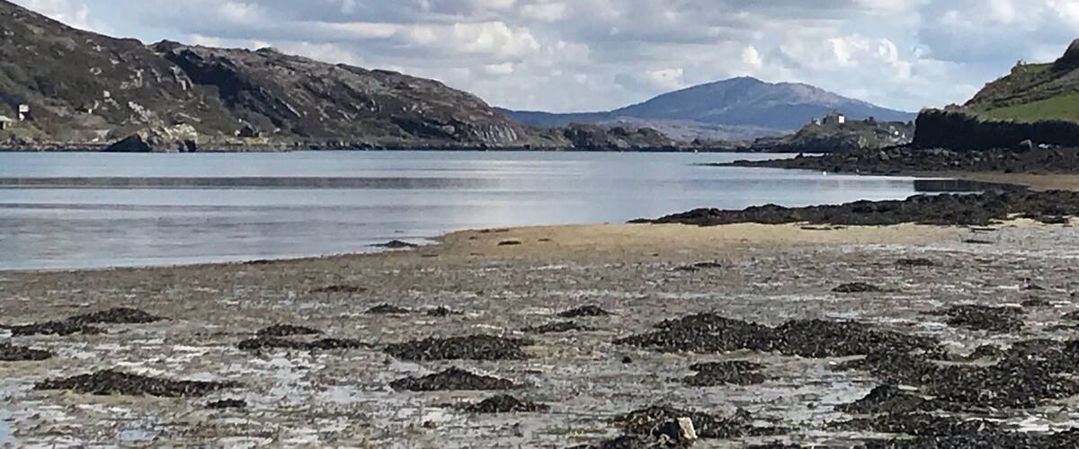 A coastal landscape with rocky shores, a calm sea, and distant mountains under a cloudy sky.