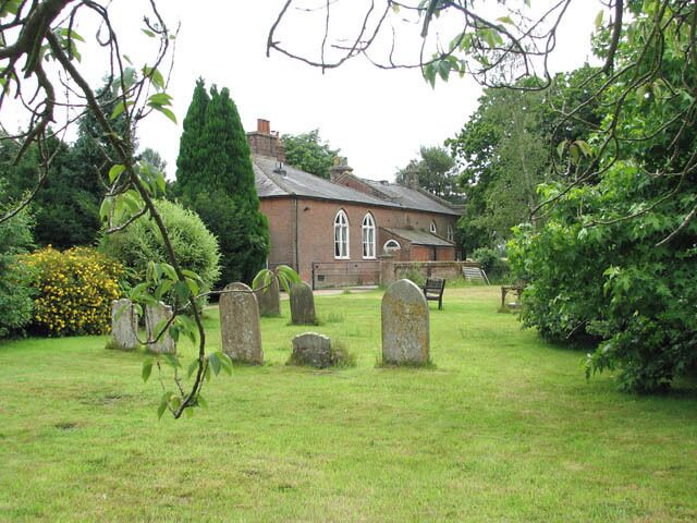 View west-southwest across part of All Saints' parish churchyard, Old Buckenham, Norfolk, to the church hall
