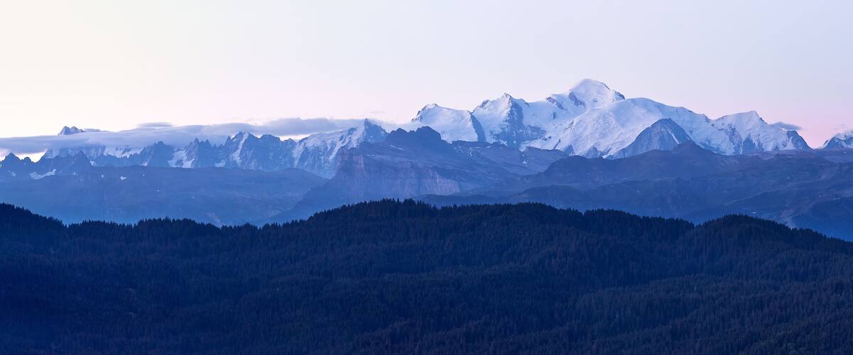 A range of snow-capped mountains with dense forests at their base.
