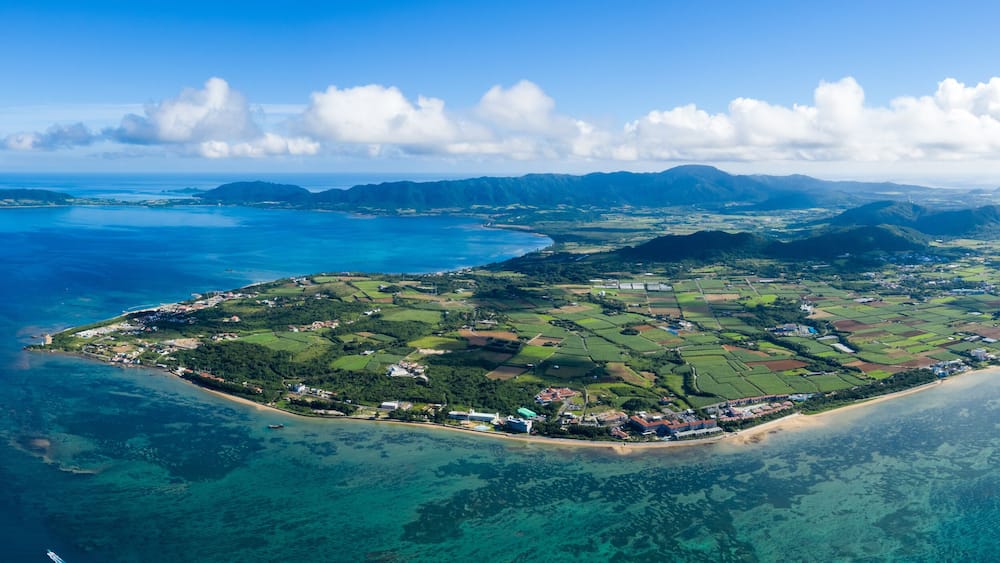 An aerial view of a coastal island with clear blue waters, green fields, and a small town.