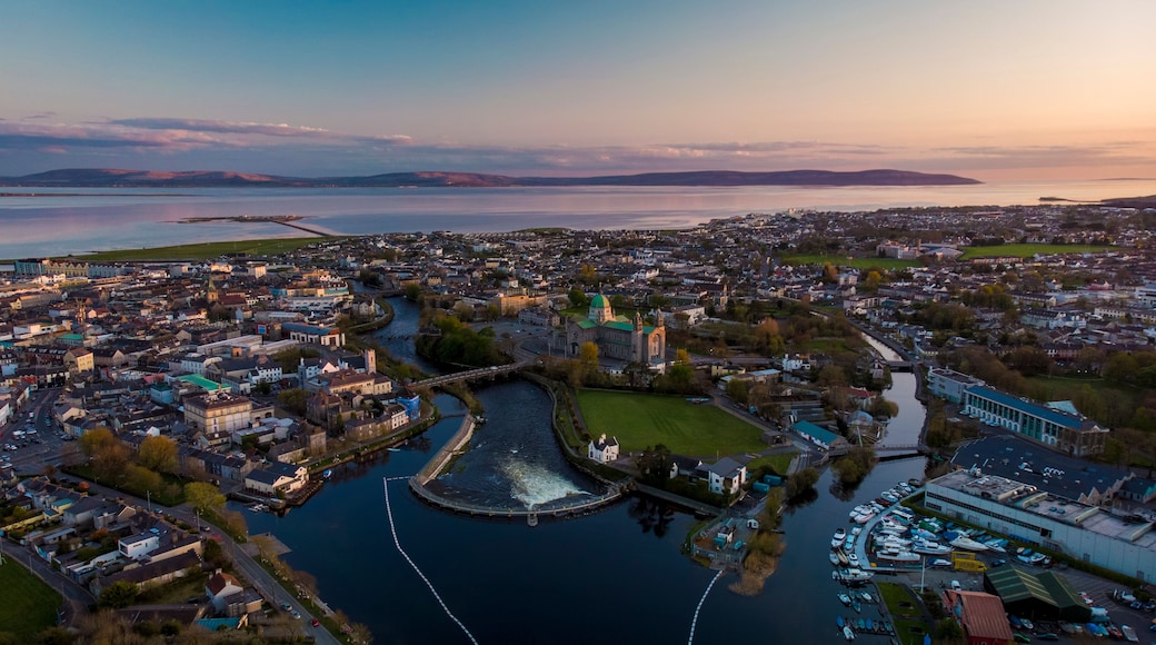 A coastal town with a prominent church, a river, and a marina.