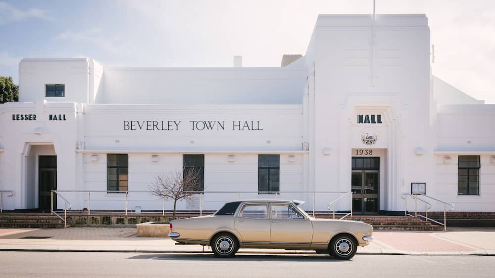 Beverley Town Hall old buiilding and vintage Holden in the Avon Valley in Western Australia