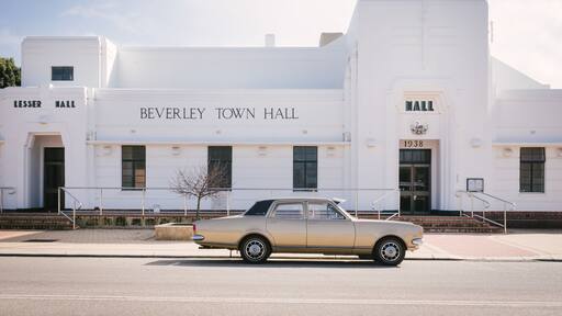Beverley Town Hall old buiilding and vintage Holden in the Avon Valley in Western Australia