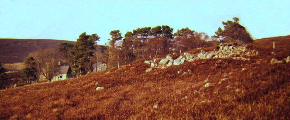 A hilly landscape with a stone wall, trees, and a small house.