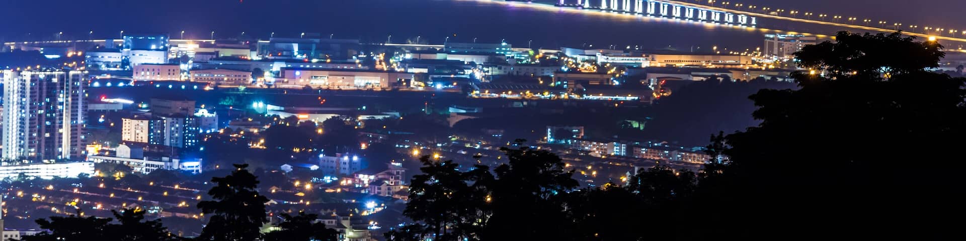 Aerial view of 2nd Penang Bridge view during light up from Balik Pulau Hill