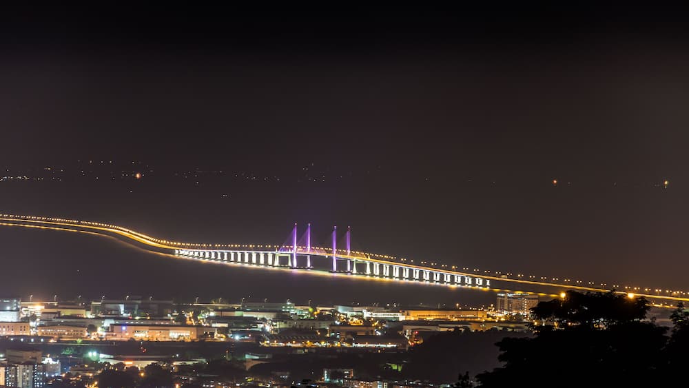 Aerial view of 2nd Penang Bridge view during light up from Balik Pulau Hill