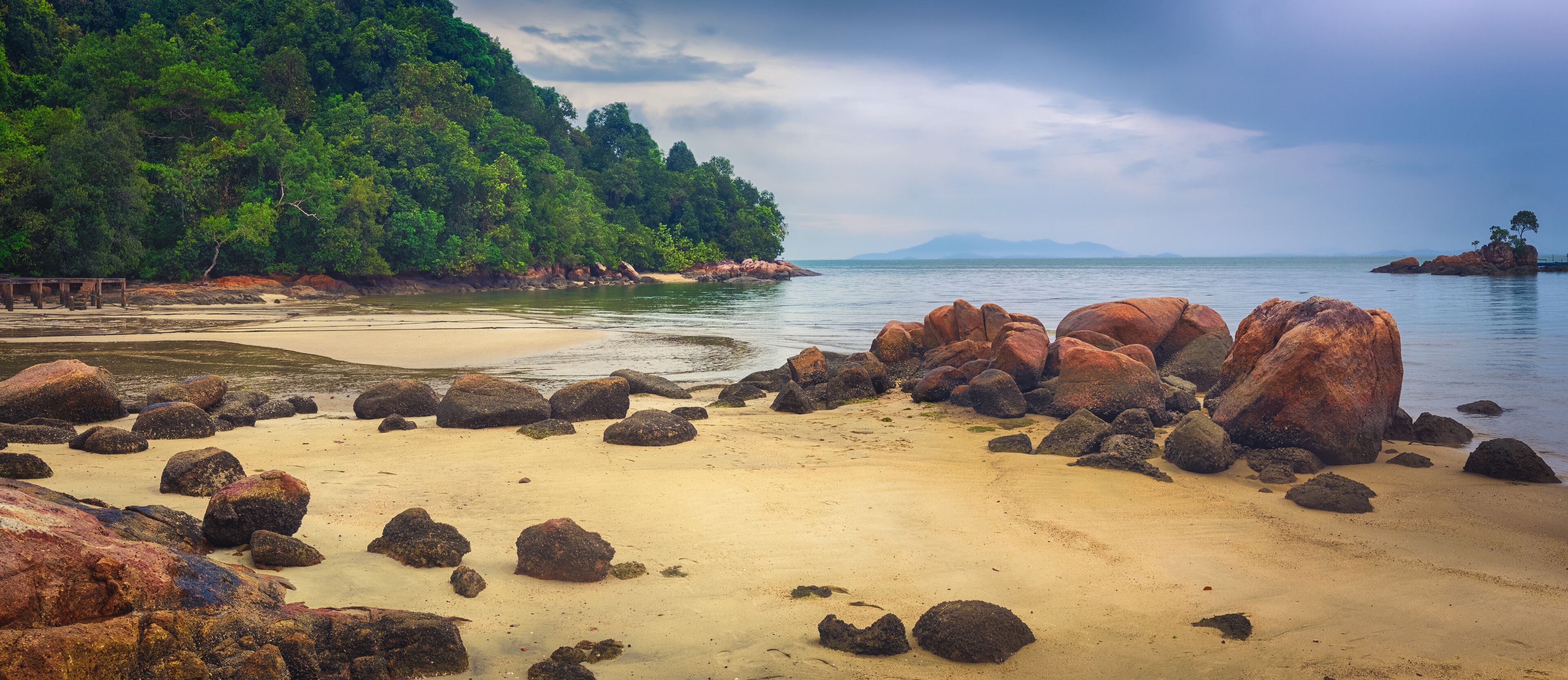 A beach with large rocks and a forested hillside.