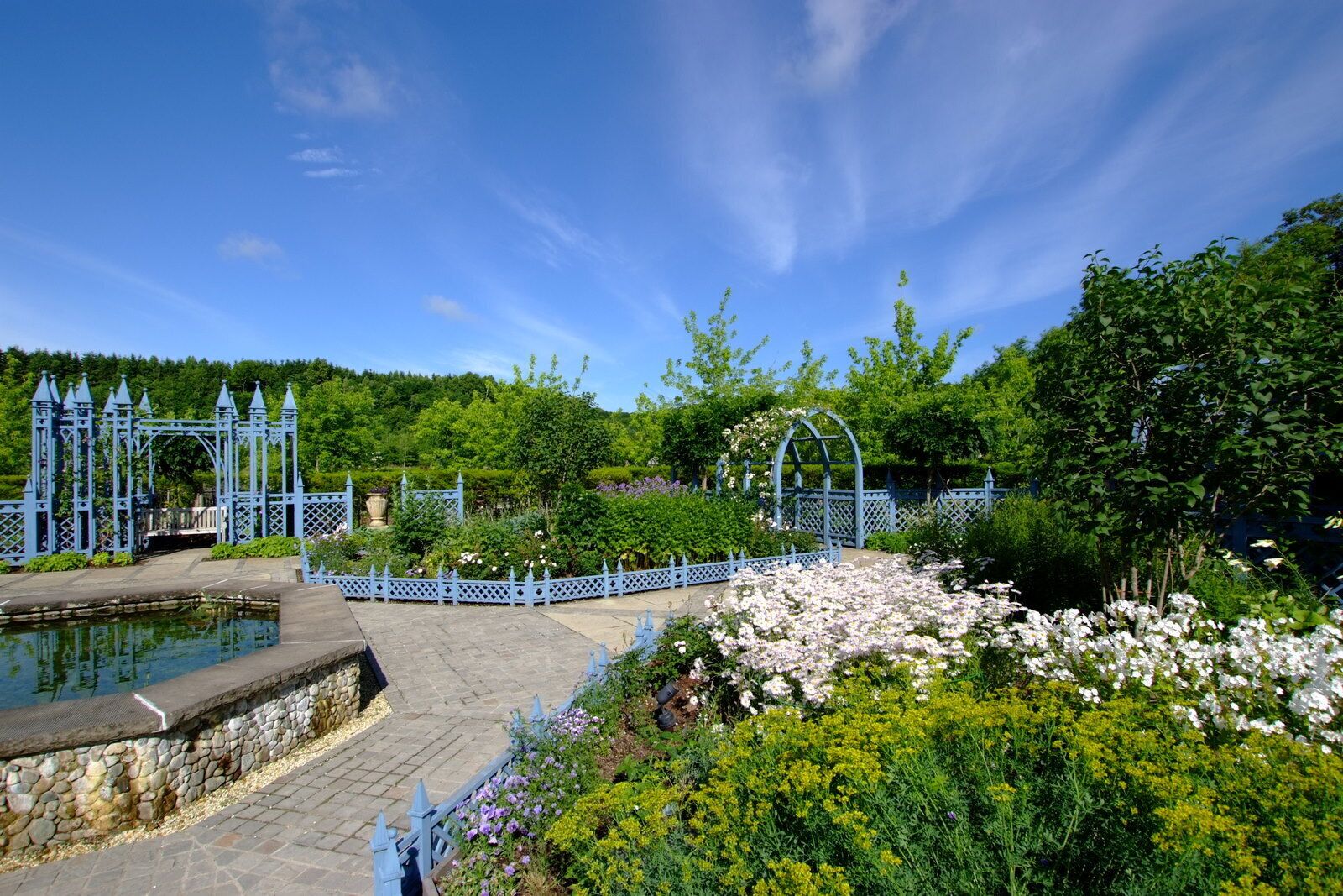 A garden with a blue gate, a pond, and various flowers.