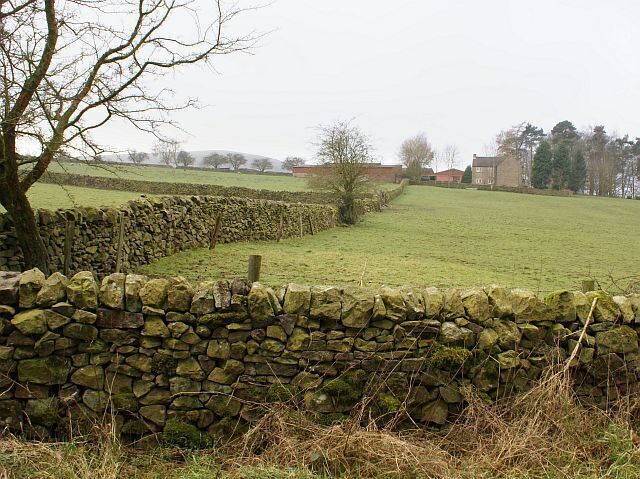 A stone wall, a grassy field, and a distant building.