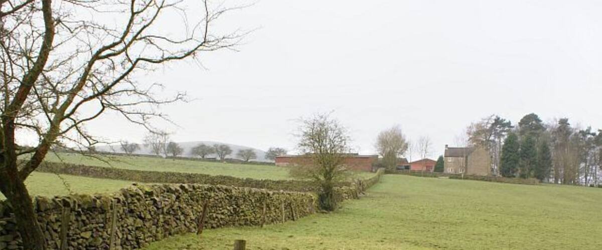 A stone wall, a grassy field, and a distant building.