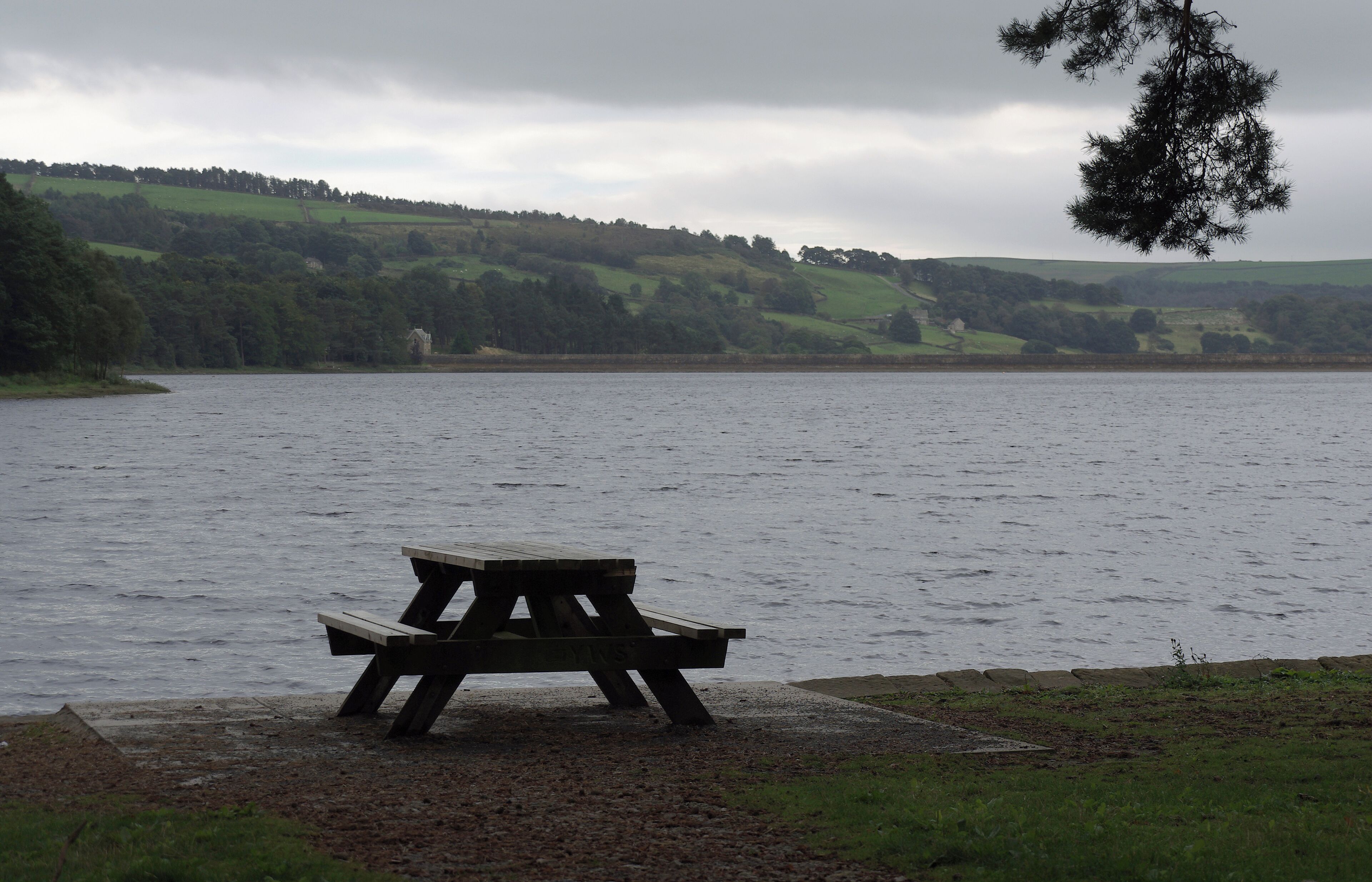 A picnic bench on the edge of Swinsty Reservoir north of Harrogate. Very very cold.