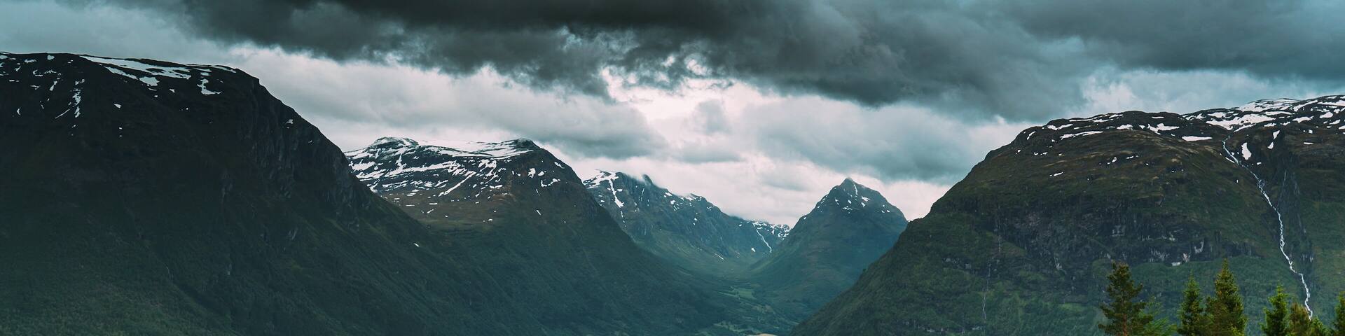 Byrkjelo Village, Sogn Og Fjordane County, Norway. Beautiful Sky Above Norwegian Rural Landscape. Bergheimsvatnet Lake In Summer Day. Agricultural And Weather Forecast Concept. 4k.