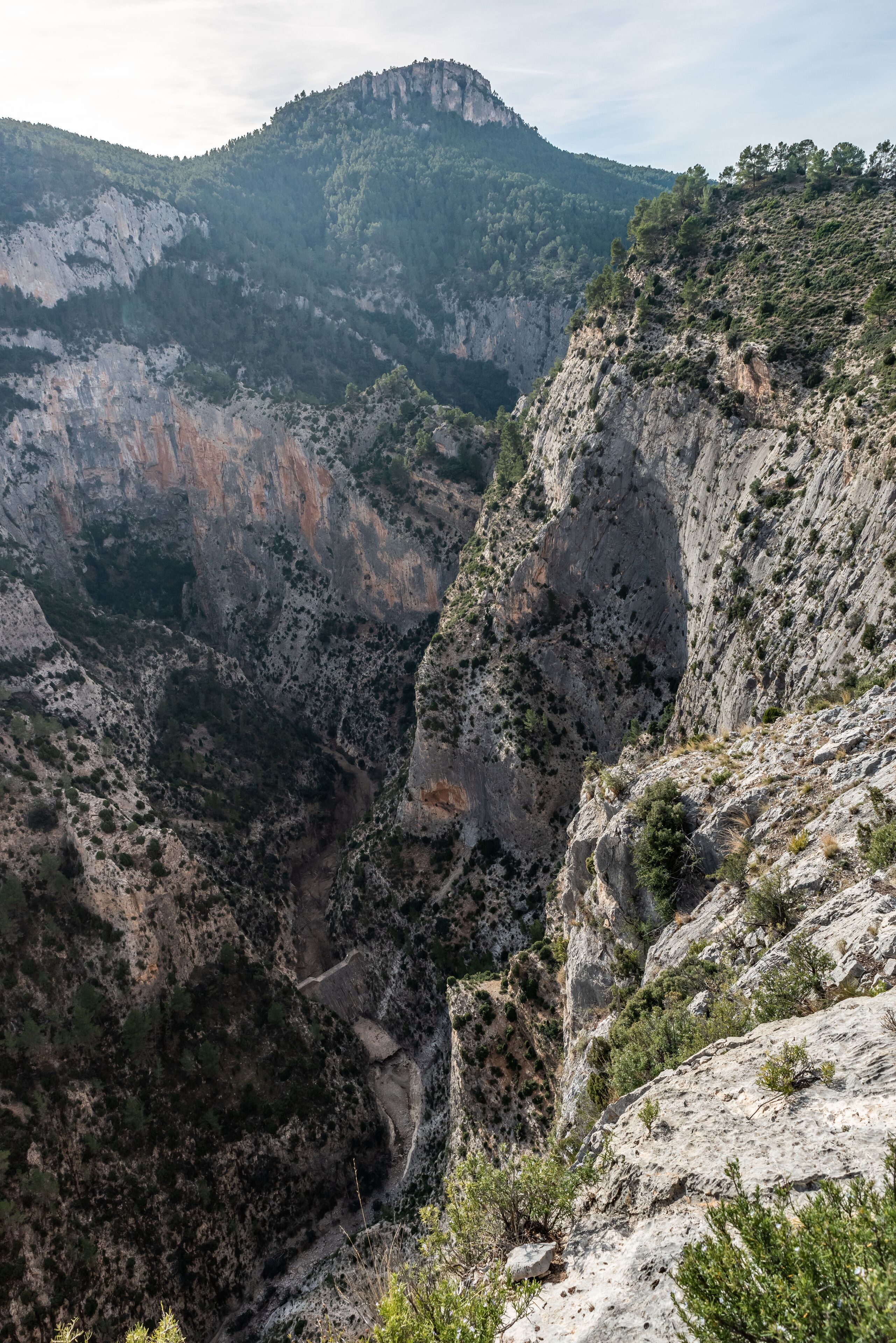 Barranco Ariño dried out river canyon with water dam, high anle view, La Bojera, Montanejos, Valencia, Spain