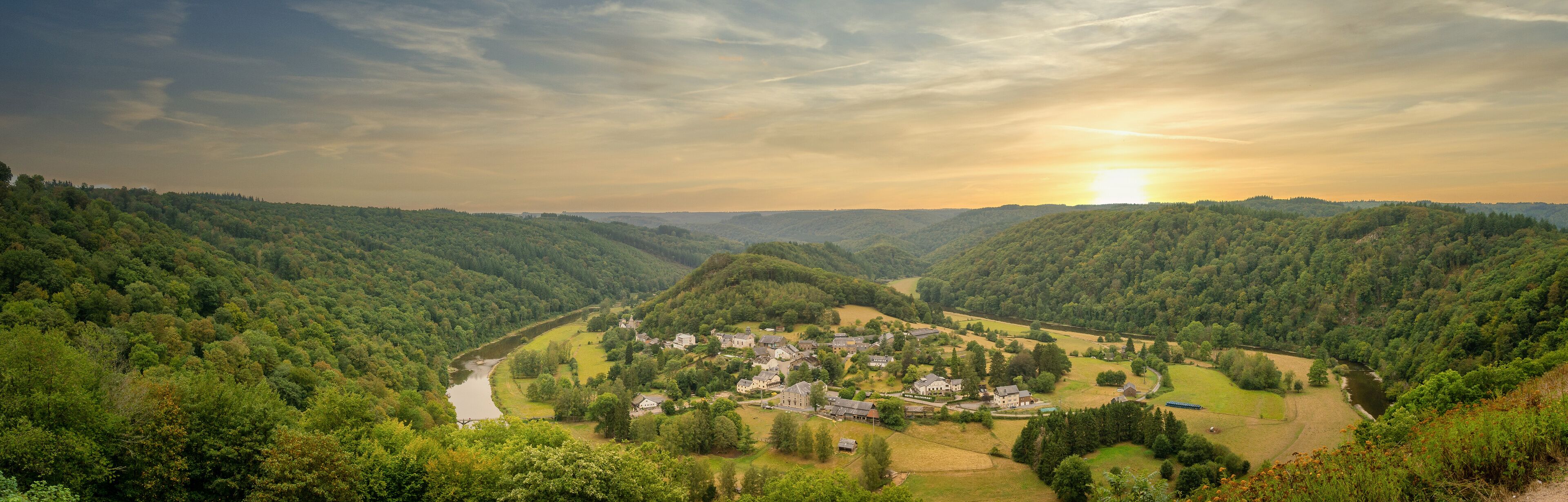 Panorama view on Frahan and Semois river from viewpoint Rochehaut, Bouillon, Wallonia, Belgium. Horseshoe bend. Province of Luxembourg