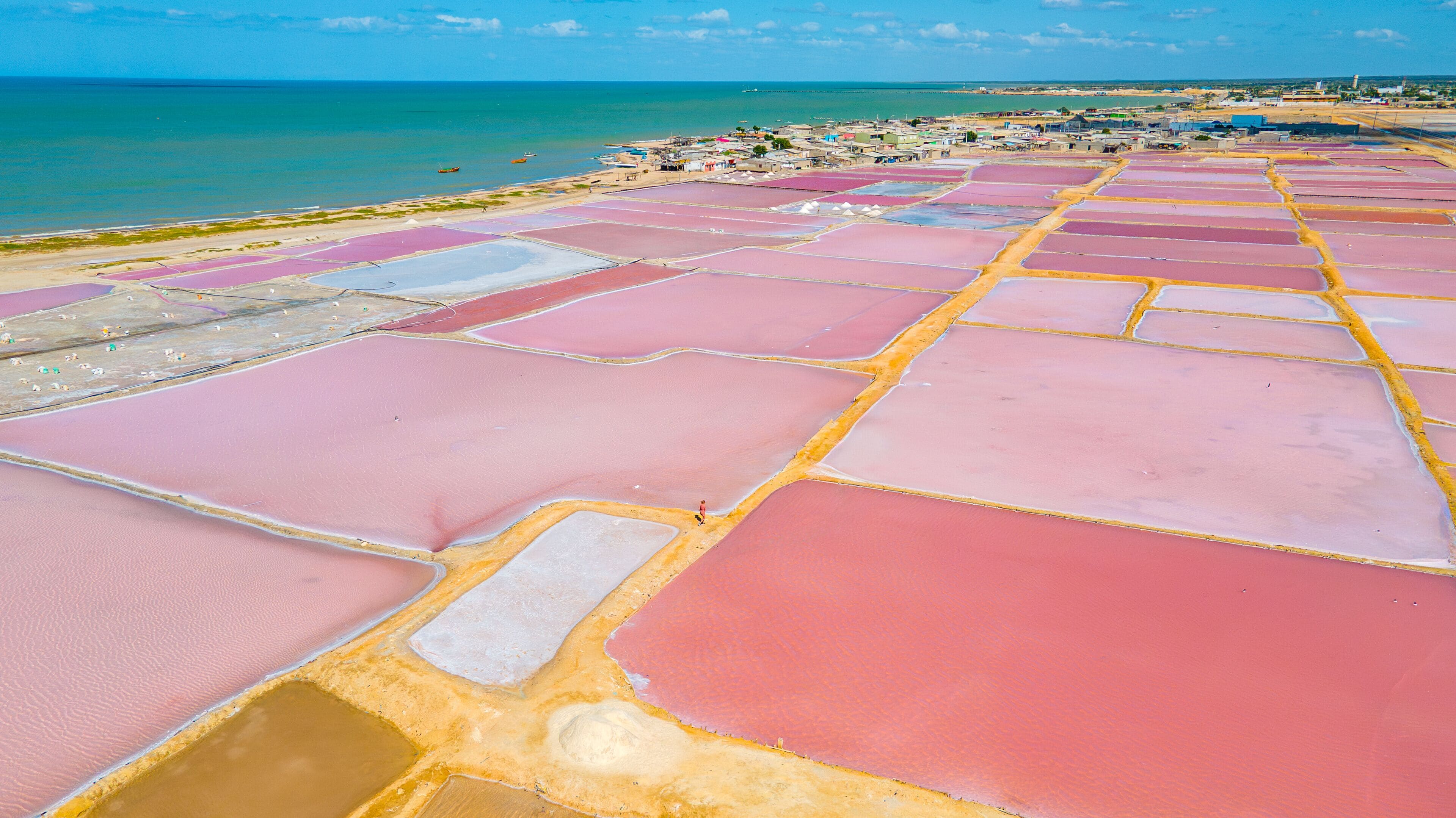 Aerial View of Colorful Salt Flats in Manaure, La Guajira, Colombia